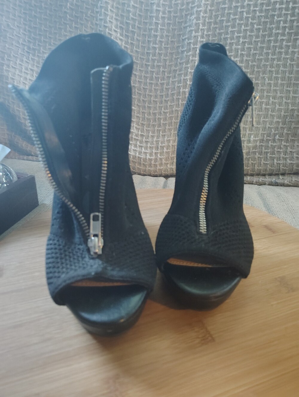 Report Black Peep-Toe Front-Zip Ankle Heels